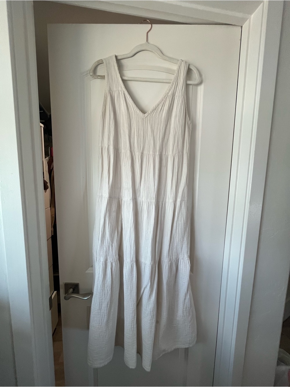 Quince White Tiered V-Neck Maxi Dress